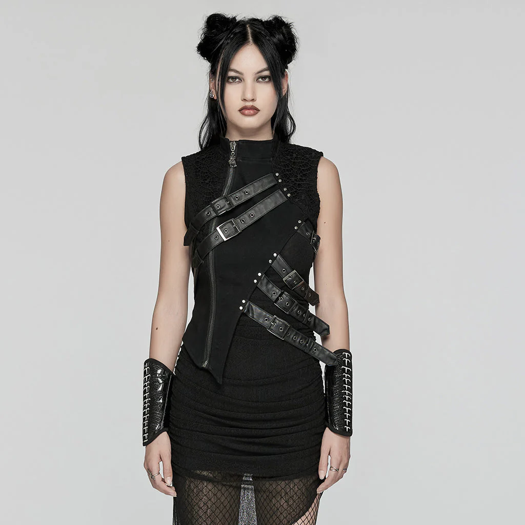 WY-1647MJF Edgy Punk Vest with Asymmetrical Leather Straps Design