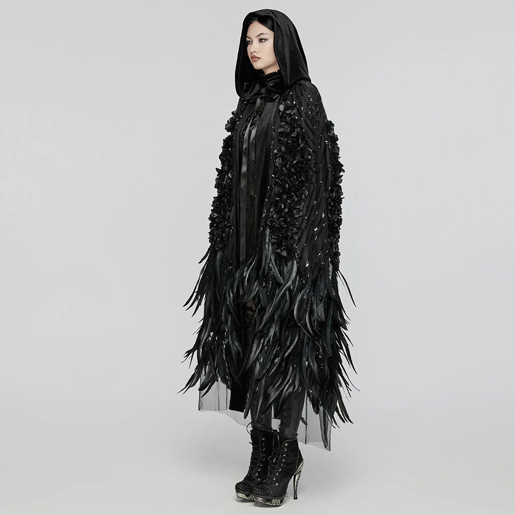 WY-1649DPF Elegant Hooded Gothic Feather Detailed Black Long Coat - Image 13