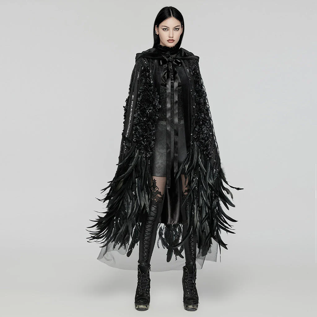 WY-1649DPF Elegant Hooded Gothic Feather Detailed Black Long Coat - Image 5