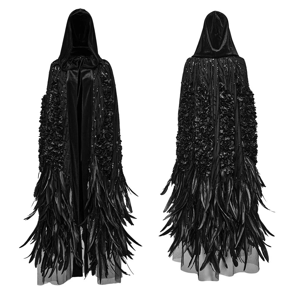 WY-1649DPF Elegant Hooded Gothic Feather Detailed Black Long Coat - Image 6