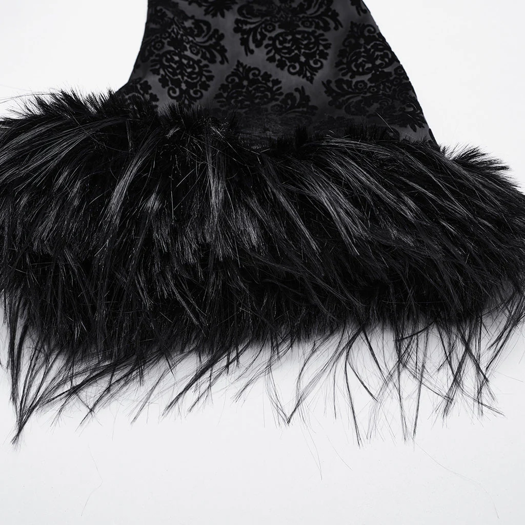WY-1651LCF Gothic Velvet Long Coat with Feathered Hood Cuffs Trim - Image 10
