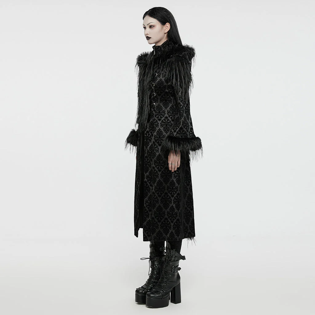 WY-1651LCF Gothic Velvet Long Coat with Feathered Hood Cuffs Trim - Image 3