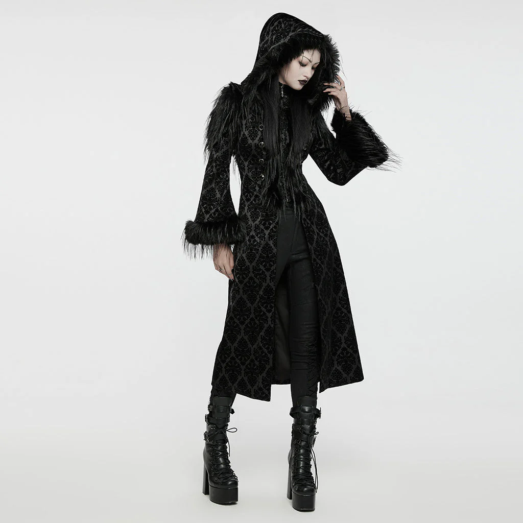 WY-1651LCF Gothic Velvet Long Coat with Feathered Hood Cuffs Trim - Image 5
