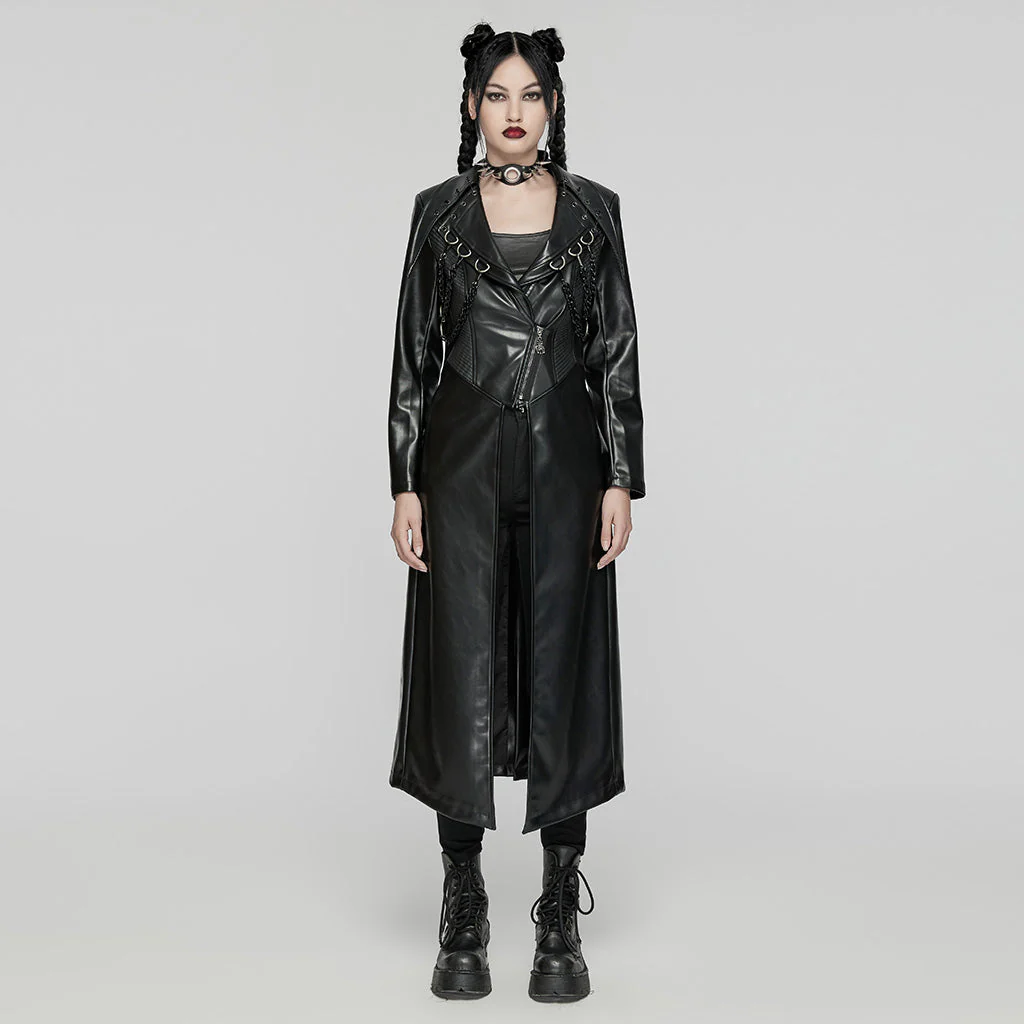 WY-1655PCF Gothic Punk Long Leather Coat with Buckle Details