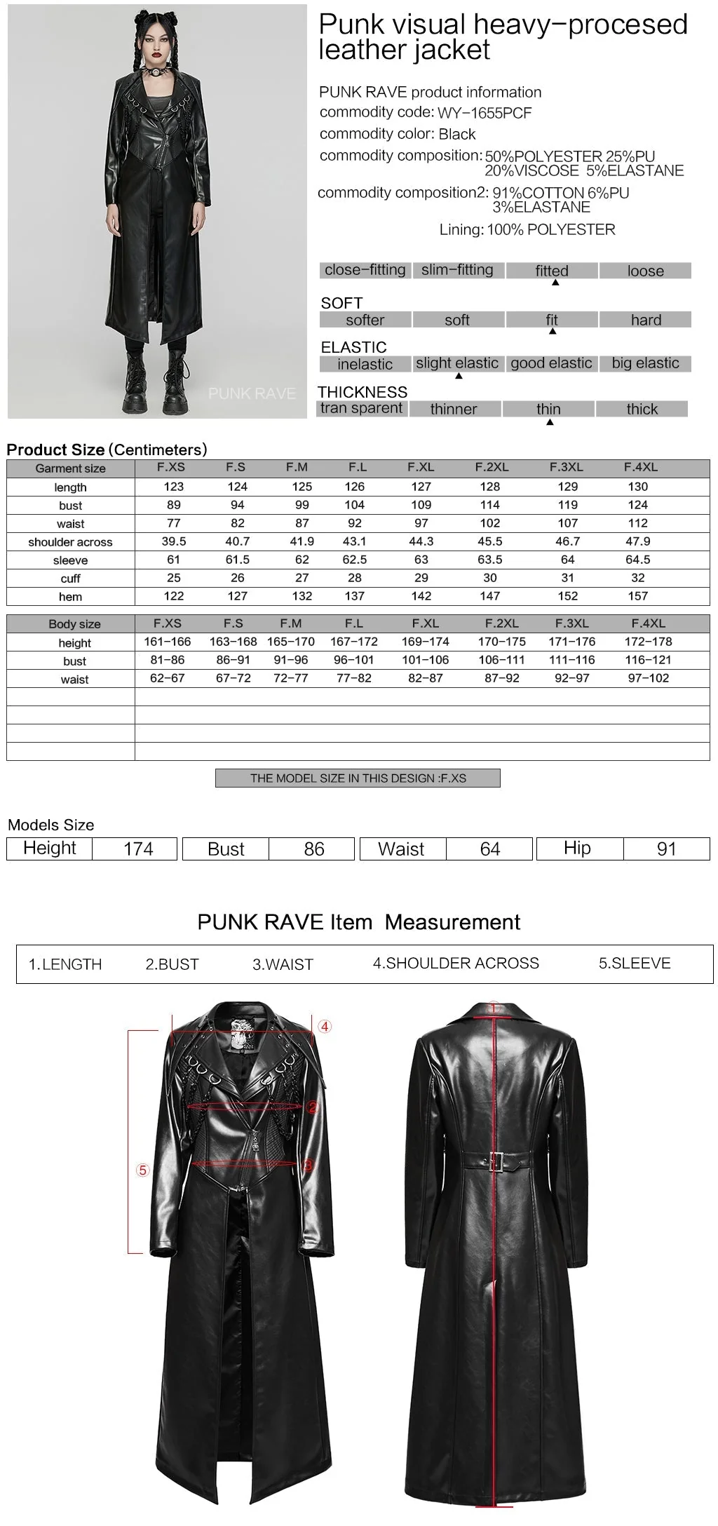 WY-1655PCF Gothic Punk Long Leather Coat with Buckle Details - Image 12