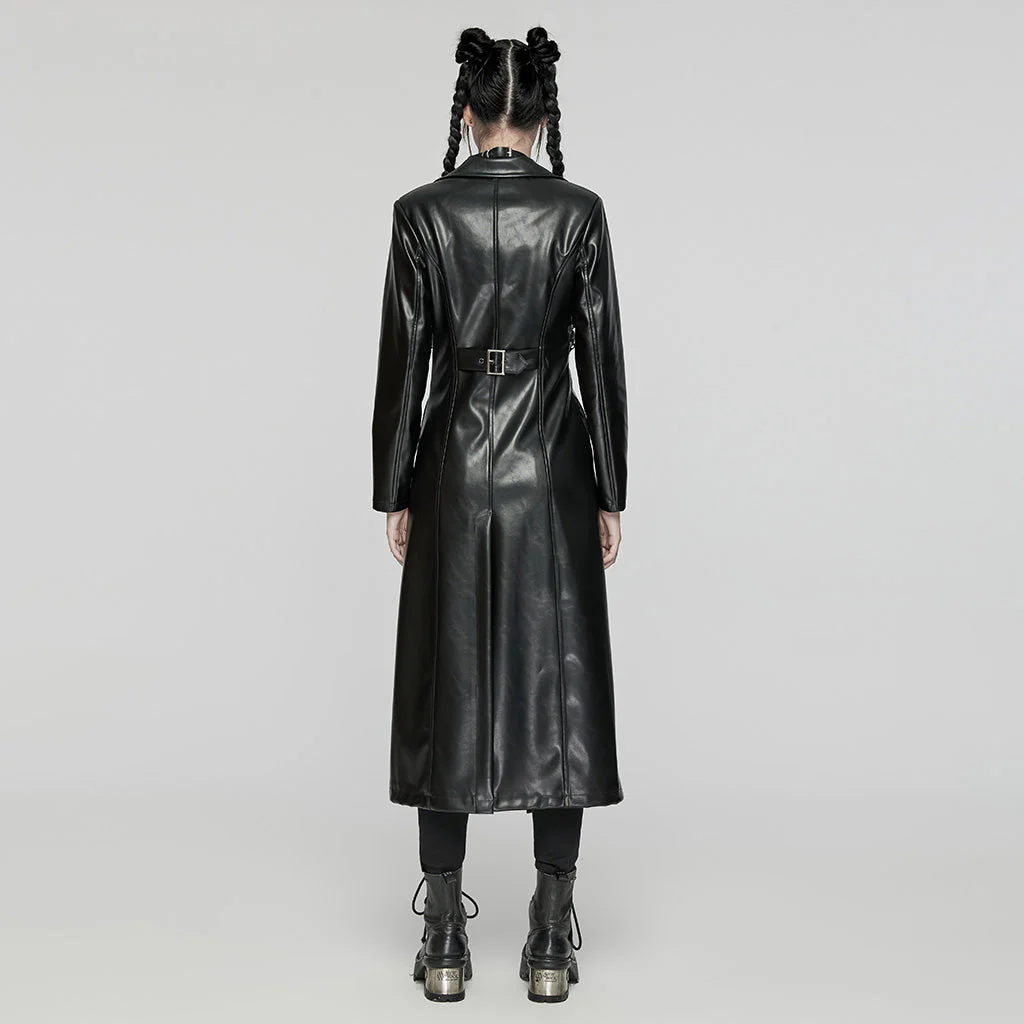 WY-1655PCF Gothic Punk Long Leather Coat with Buckle Details - Image 13