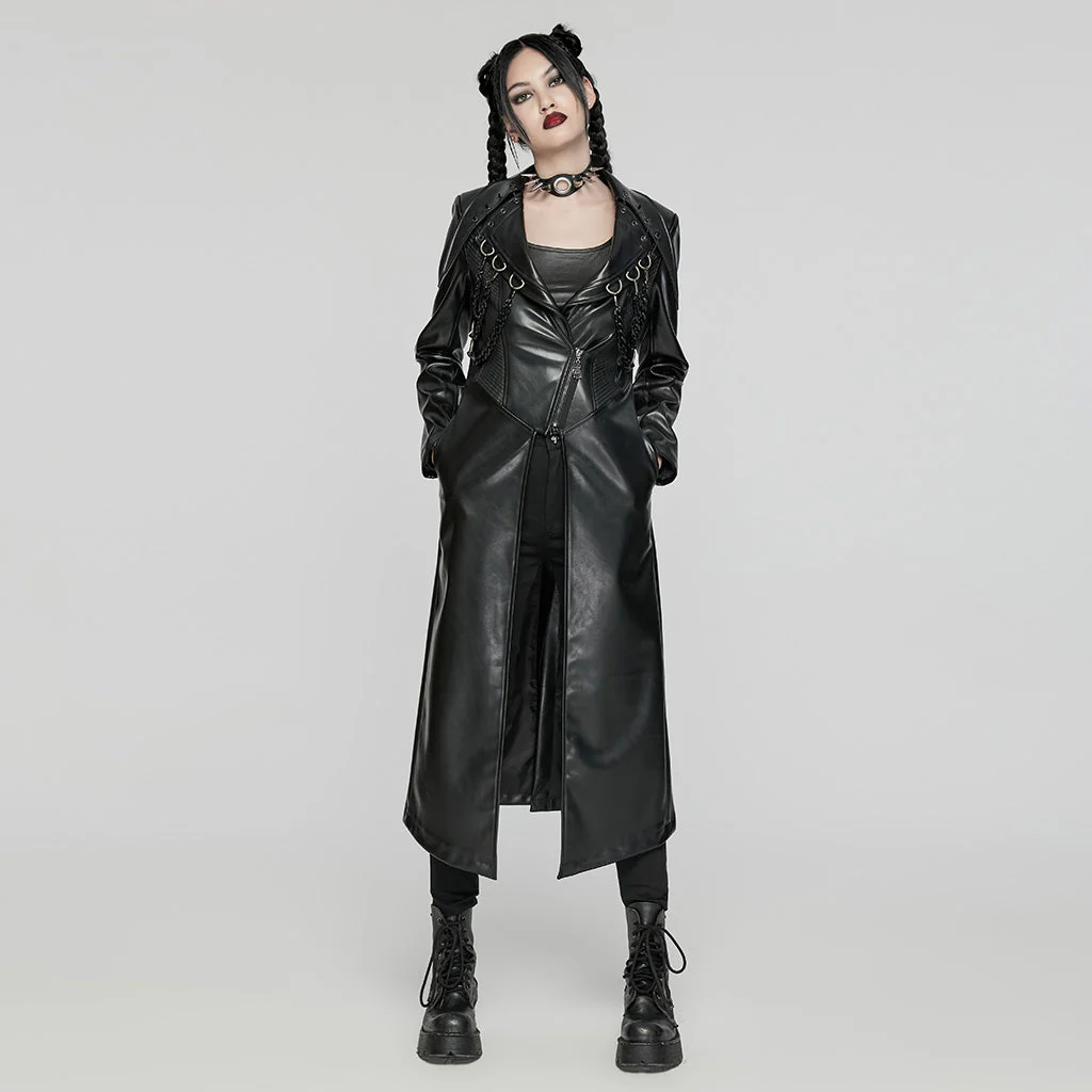 WY-1655PCF Gothic Punk Long Leather Coat with Buckle Details - Image 14