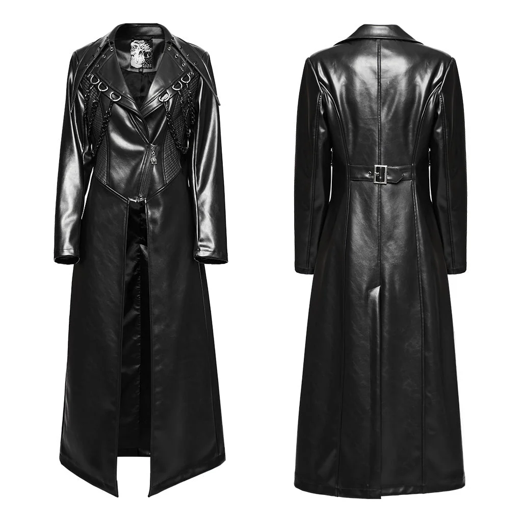 WY-1655PCF Gothic Punk Long Leather Coat with Buckle Details - Image 15