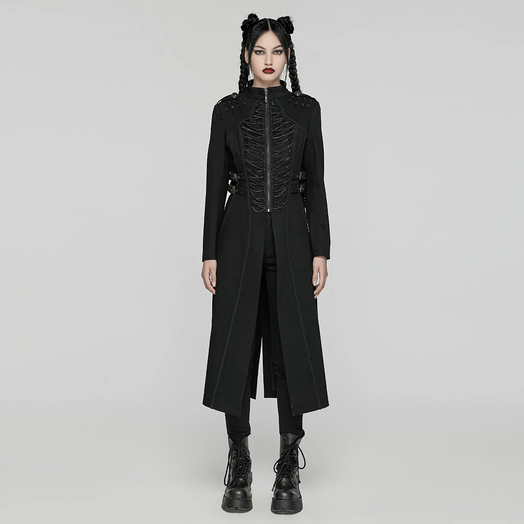 WY-1656NCF Gothic Long Black Punk Coat with Chain Details - Image 11
