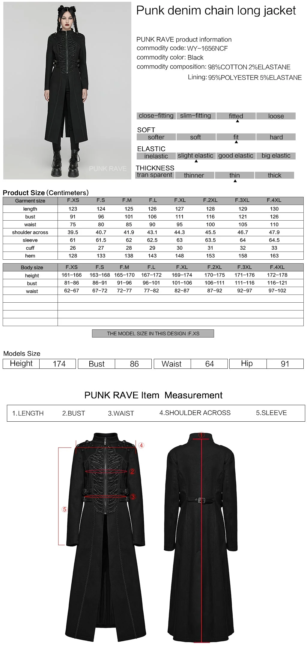 WY-1656NCF Gothic Long Black Punk Coat with Chain Details - Image 2