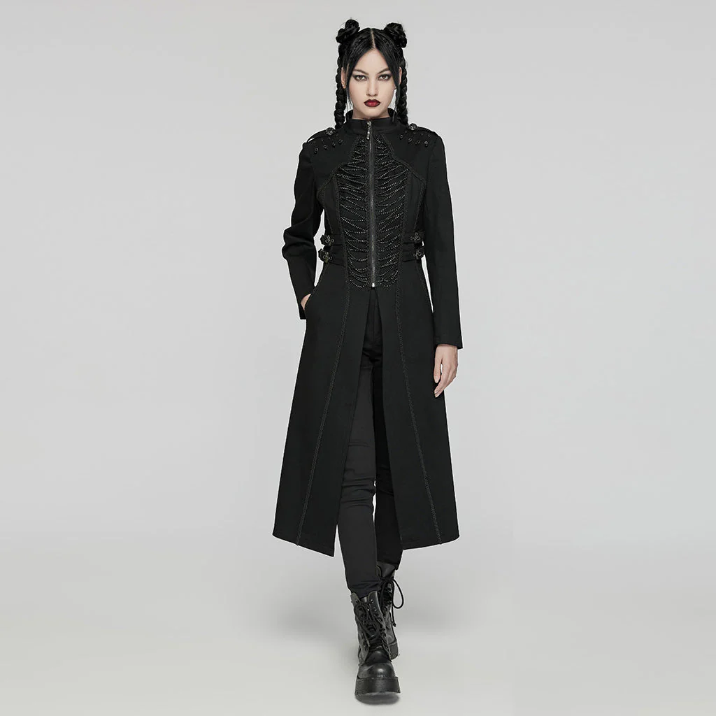 WY-1656NCF Gothic Long Black Punk Coat with Chain Details - Image 24