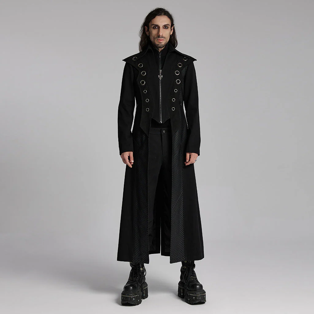 WY-1662XCM Long Black Gothic Trench Punk Coat Buttoned Detail - Image 11