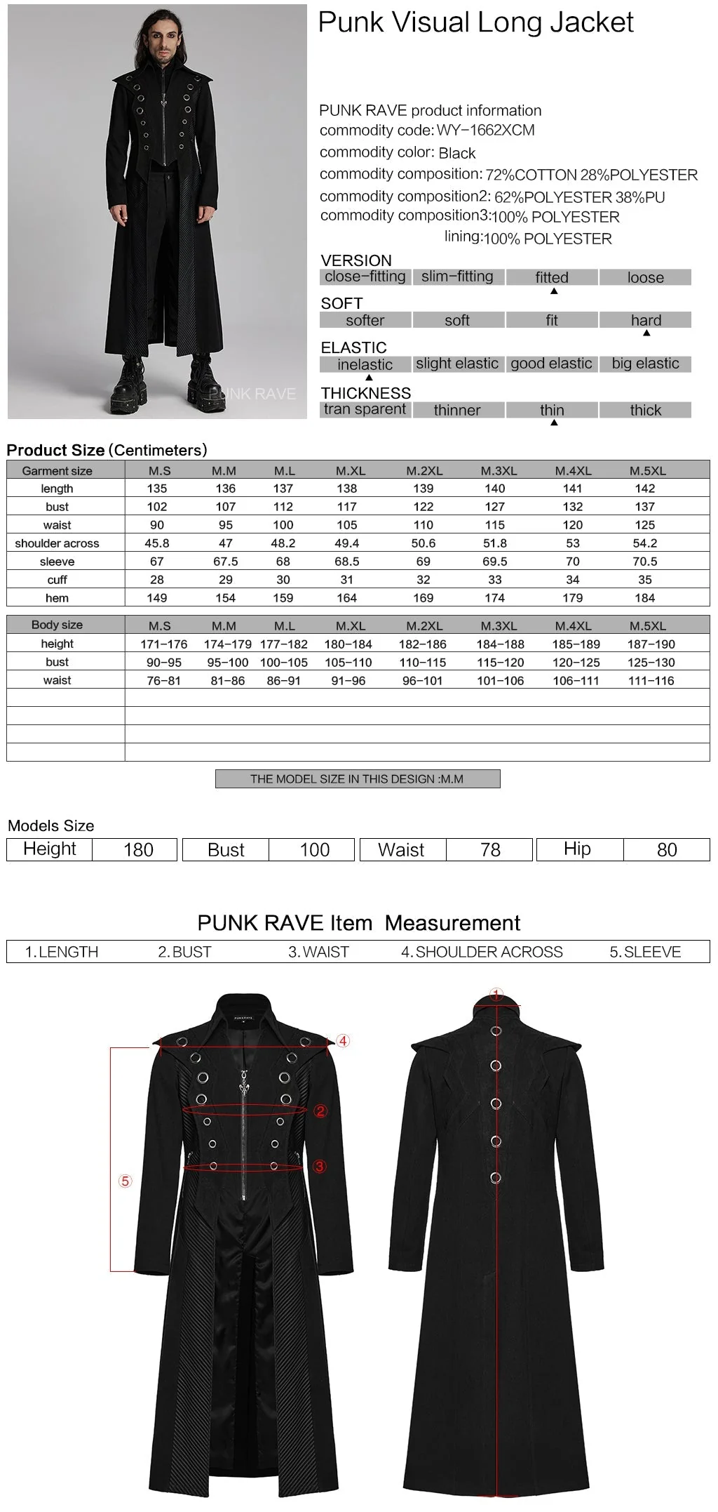 WY-1662XCM Long Black Gothic Trench Punk Coat Buttoned Detail - Image 20