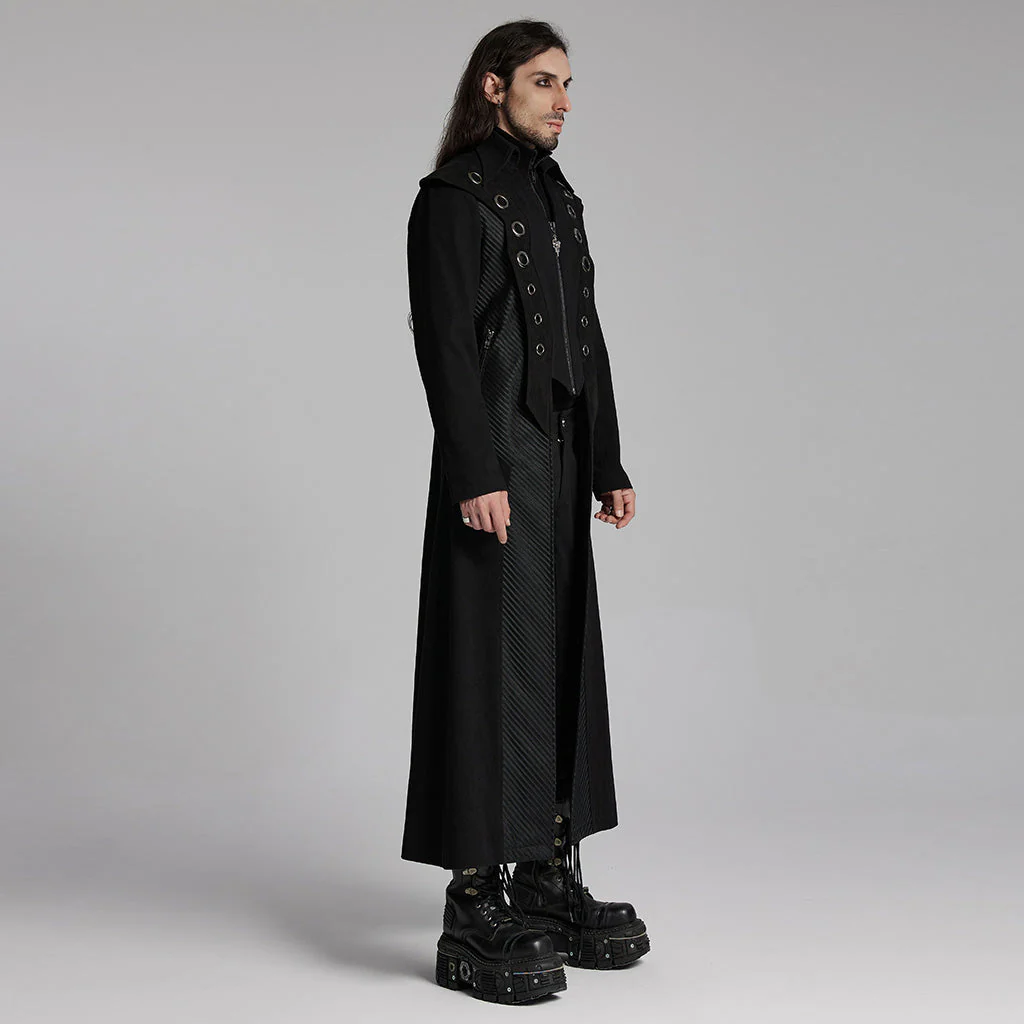 WY-1662XCM Long Black Gothic Trench Punk Coat Buttoned Detail - Image 21