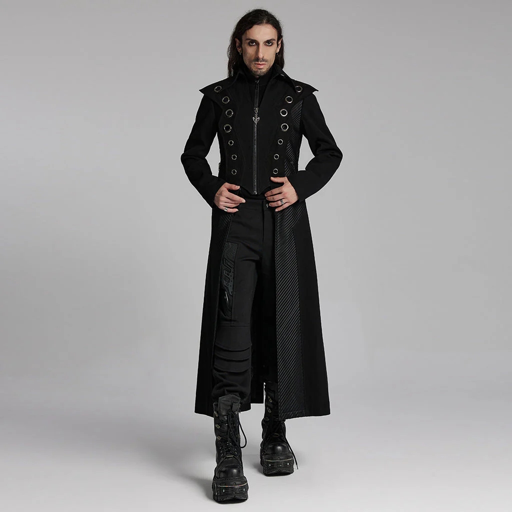 WY-1662XCM Long Black Gothic Trench Punk Coat Buttoned Detail - Image 23