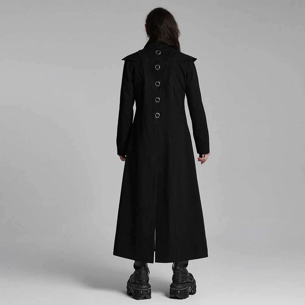 WY-1662XCM Long Black Gothic Trench Punk Coat Buttoned Detail - Image 4