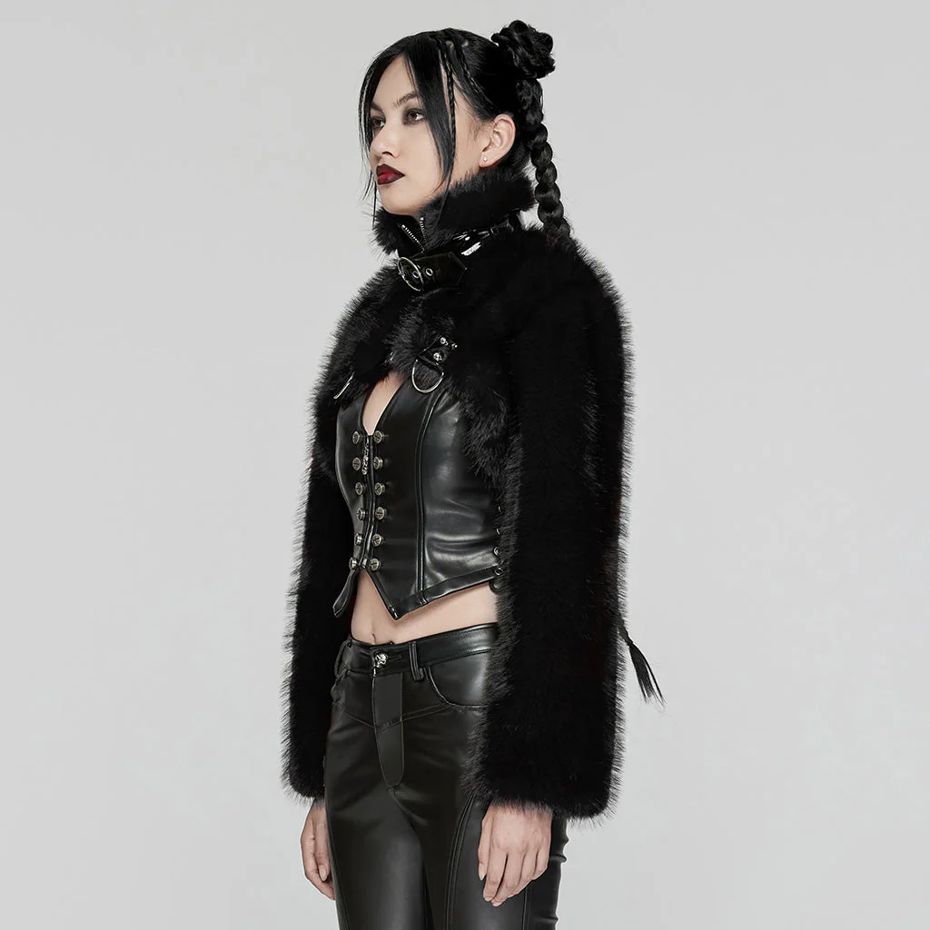 WY-1664XDF Gothic Punk Fur Jacket with Buckle Strap Details - Image 14