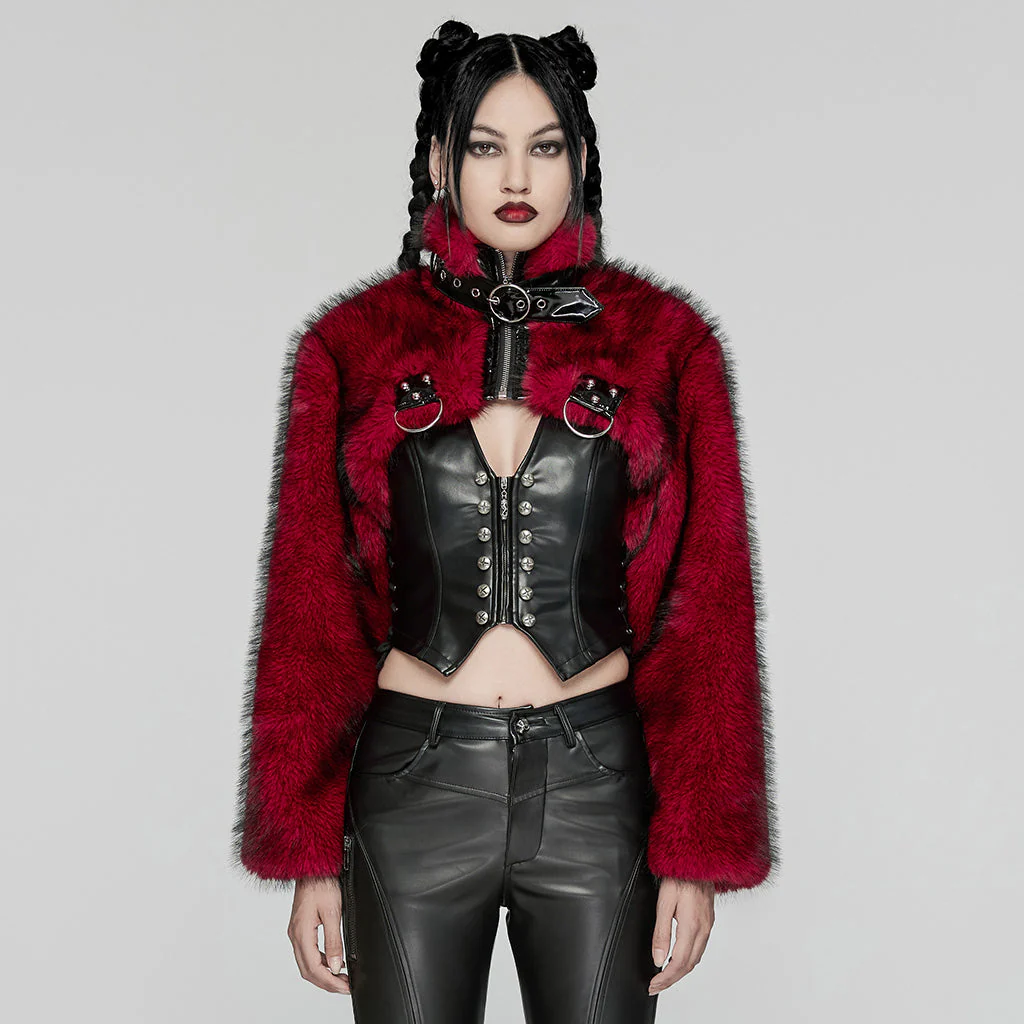 WY-1664XDF Gothic Punk Fur Jacket with Buckle Strap Details - Image 21