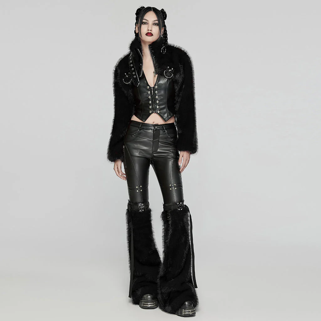 WY-1664XDF Gothic Punk Fur Jacket with Buckle Strap Details - Image 35