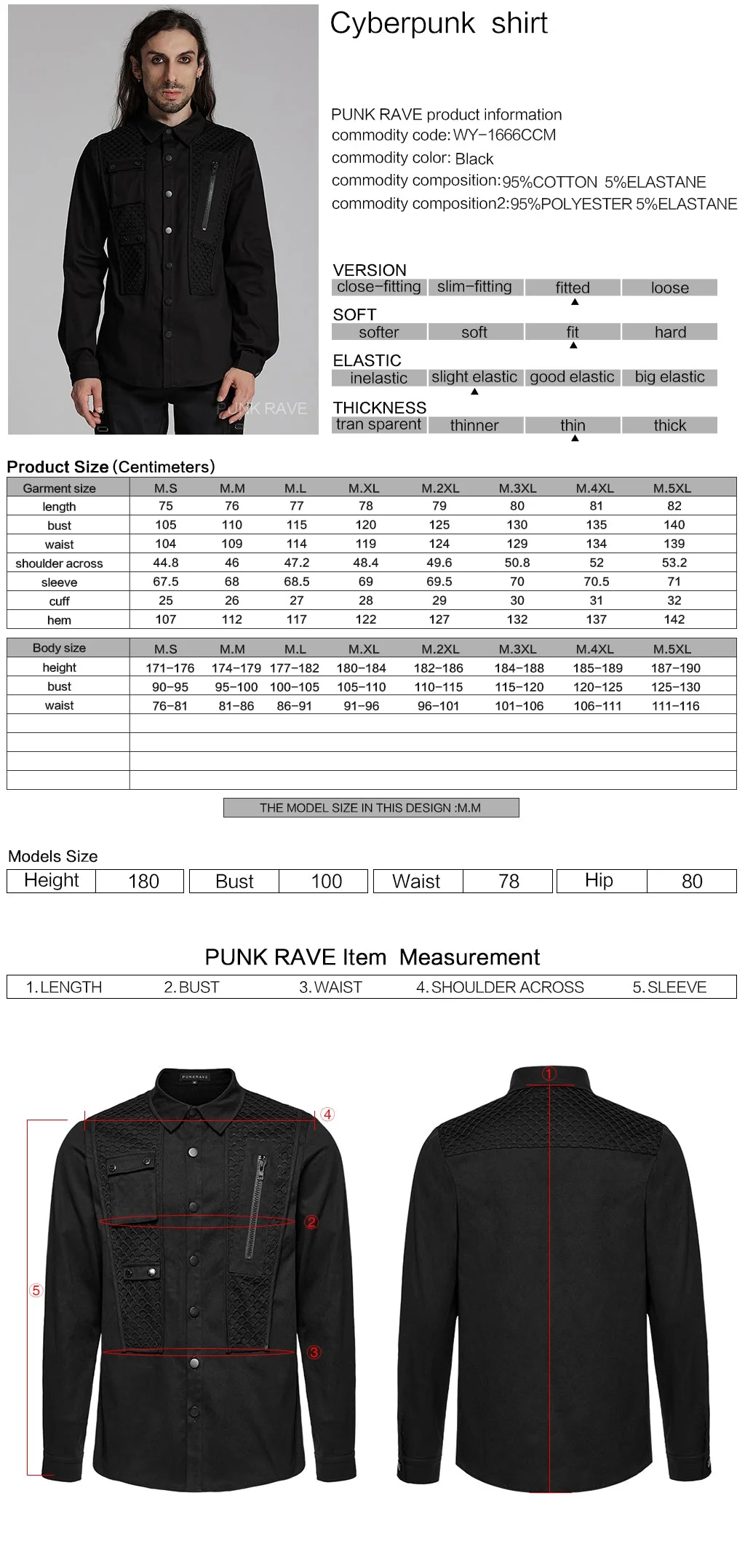 WY-1666CCM Mens Black Gothic Rivet Punk Shirt with Zipper Detail - Image 2