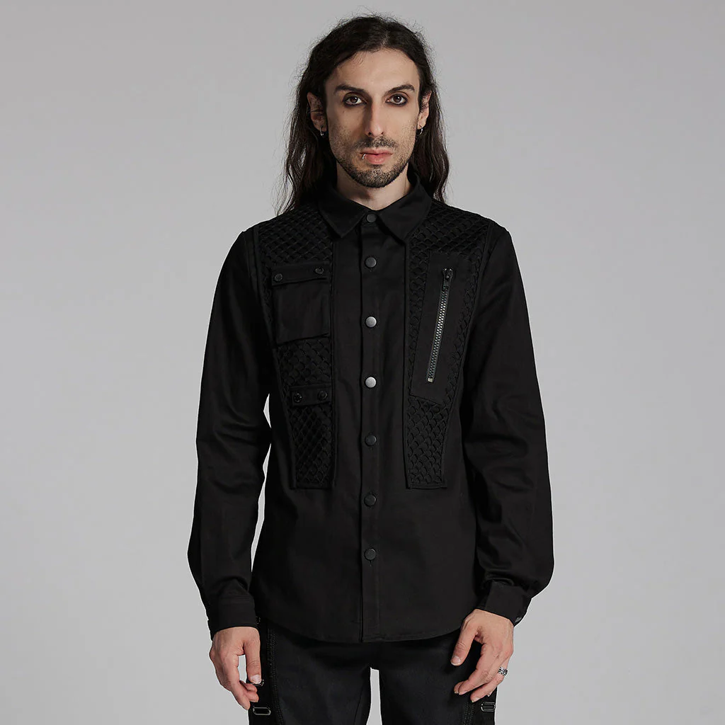 WY-1666CCM Mens Black Gothic Rivet Punk Shirt with Zipper Detail - Image 21