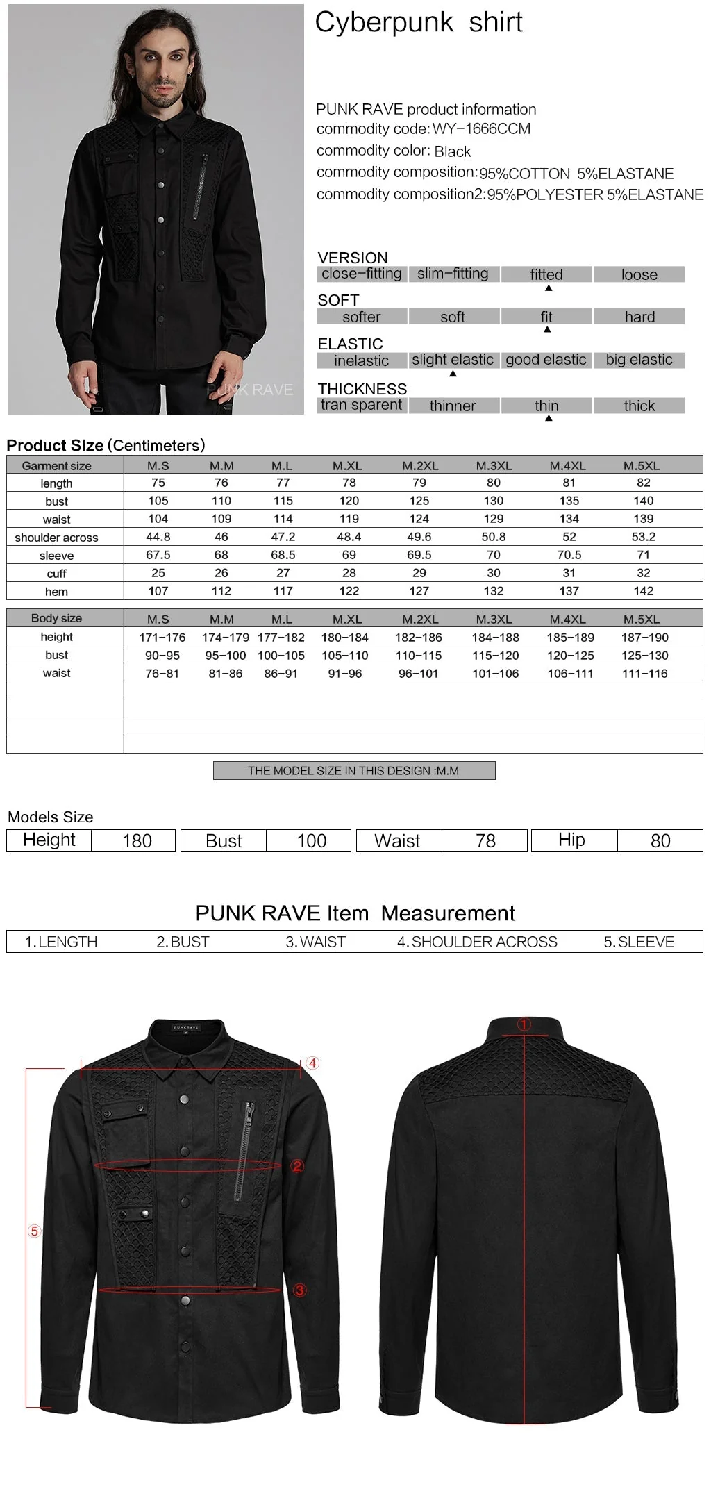 WY-1666CCM Mens Black Gothic Rivet Punk Shirt with Zipper Detail - Image 22