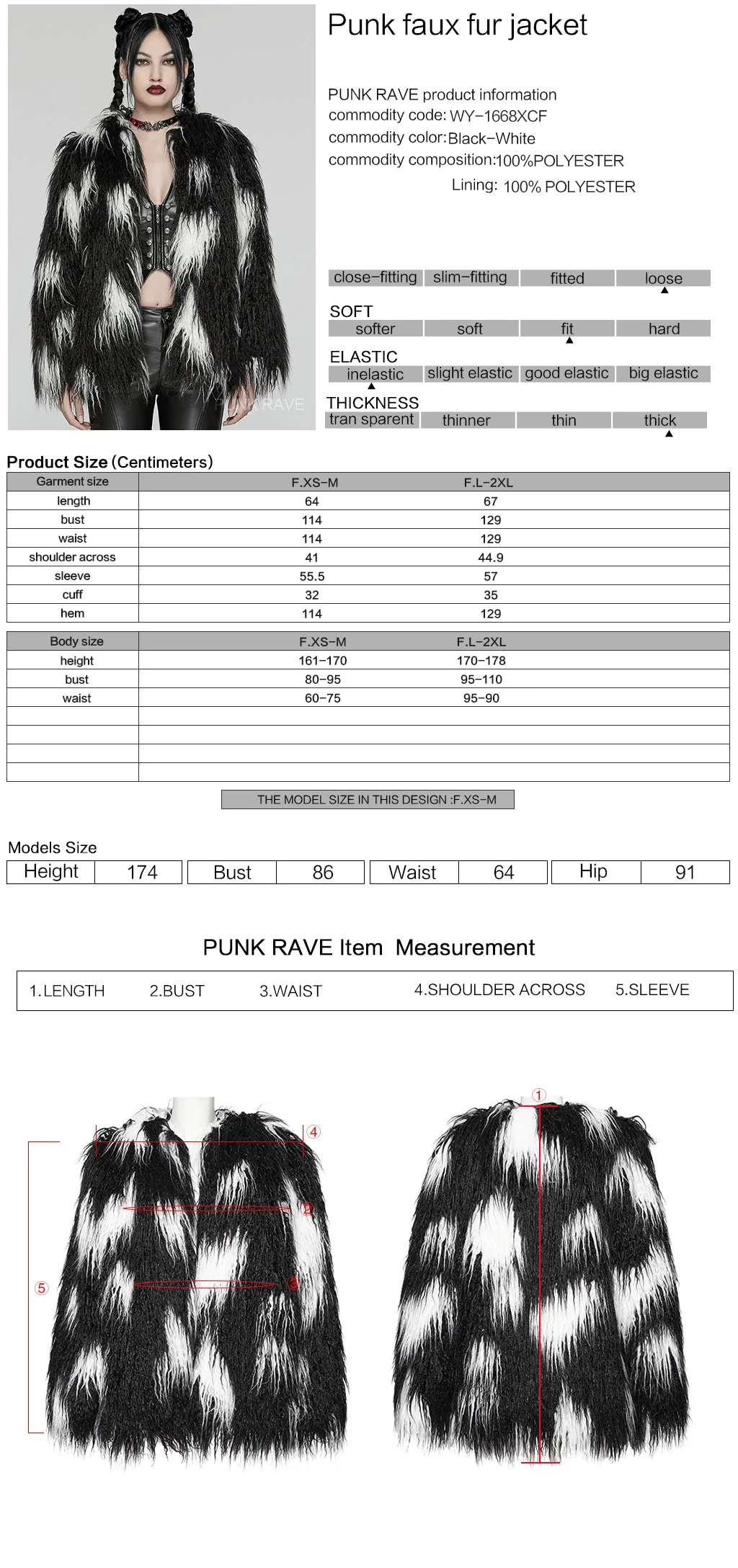 WY-1668XCF Gothic black White Faux Fur Punk Jacket - Image 19