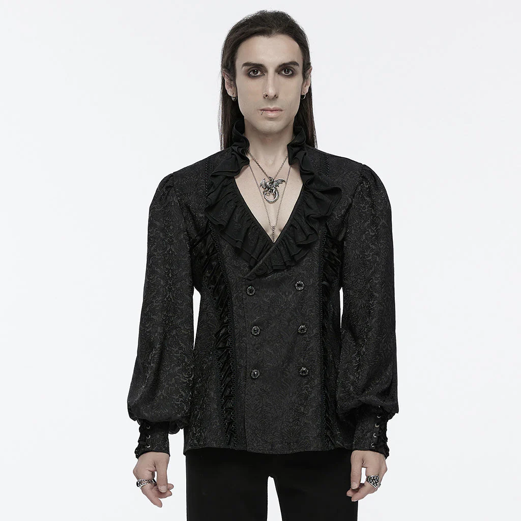 WY-1669CCM Mens Gothic Ruffled Double-Breasted Black Lace Shirt
