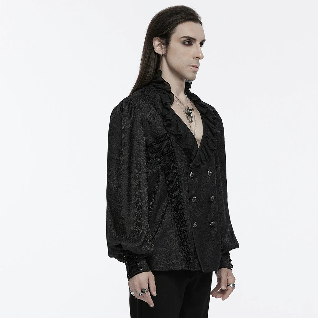 WY-1669CCM Mens Gothic Ruffled Double-Breasted Black Lace Shirt - Image 13