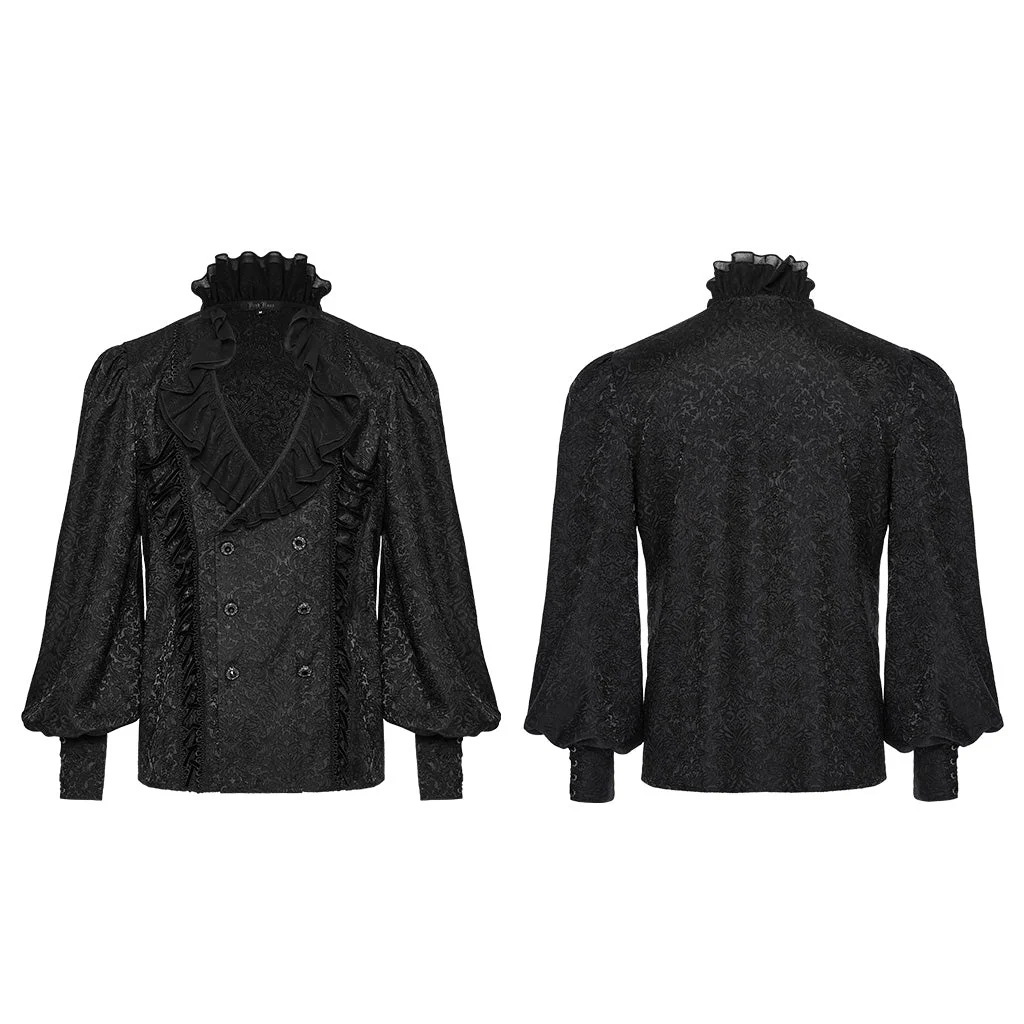 WY-1669CCM Mens Gothic Ruffled Double-Breasted Black Lace Shirt - Image 26