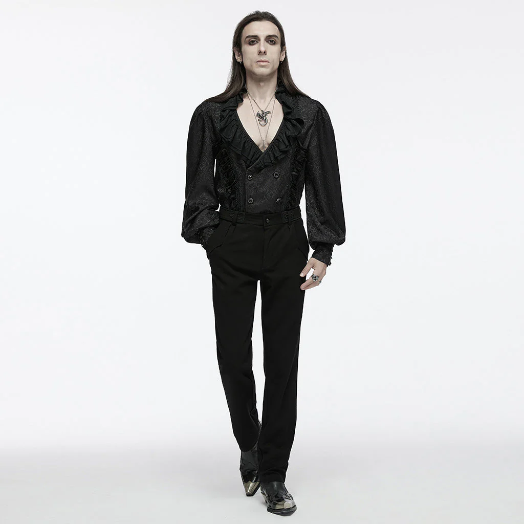 WY-1669CCM Mens Gothic Ruffled Double-Breasted Black Lace Shirt - Image 5