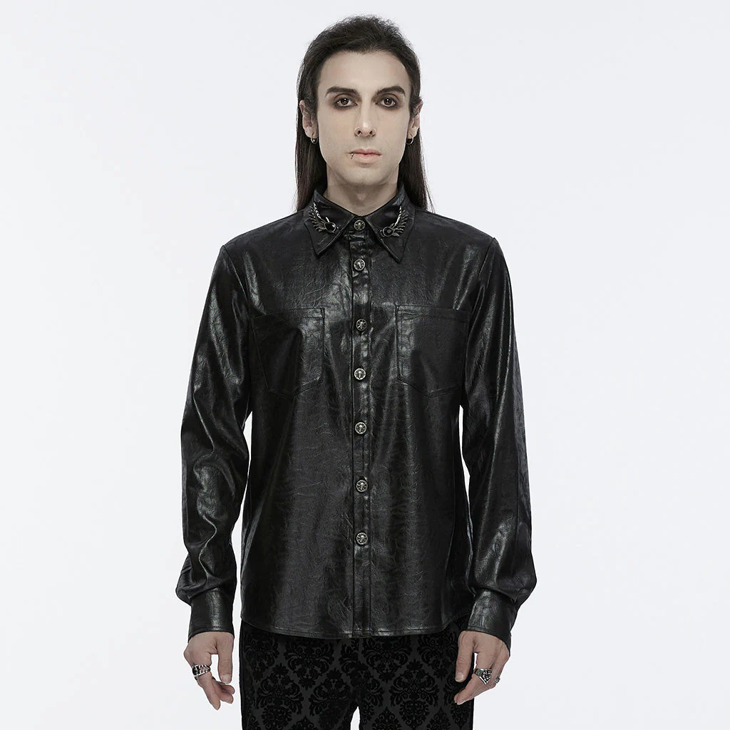 WY-1678CCM Gothic Dragon Scale Long Sleeve Button-Up Faux Leather Shirt - Image 20