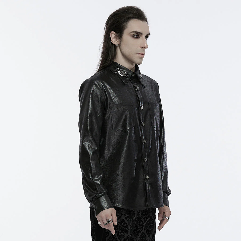 WY-1678CCM Gothic Dragon Scale Long Sleeve Button-Up Faux Leather Shirt - Image 3