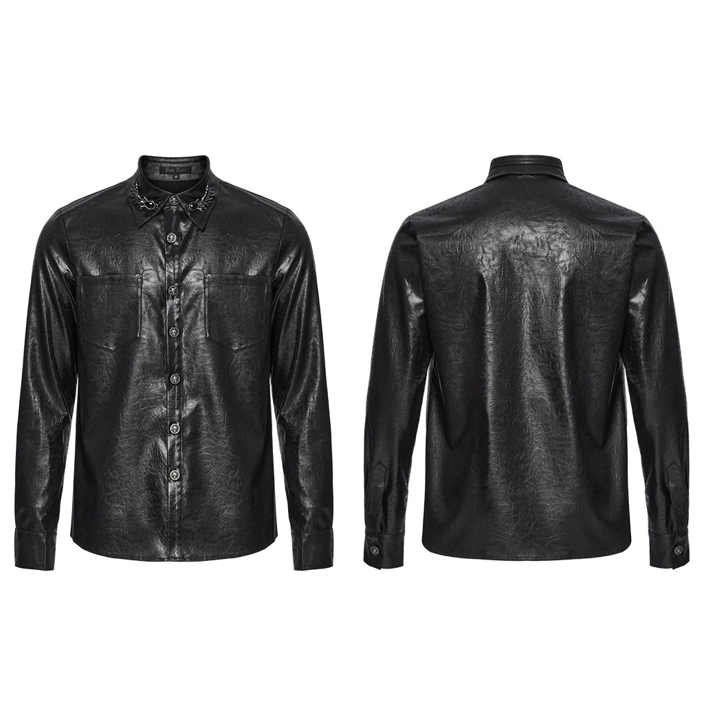 WY-1678CCM Gothic Dragon Scale Long Sleeve Button-Up Faux Leather Shirt - Image 6
