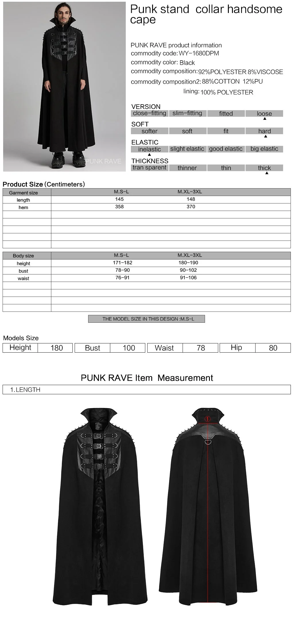 WY-1680DPM Mens Gothic High Collar Buckle Punk Coat Cape - Image 12