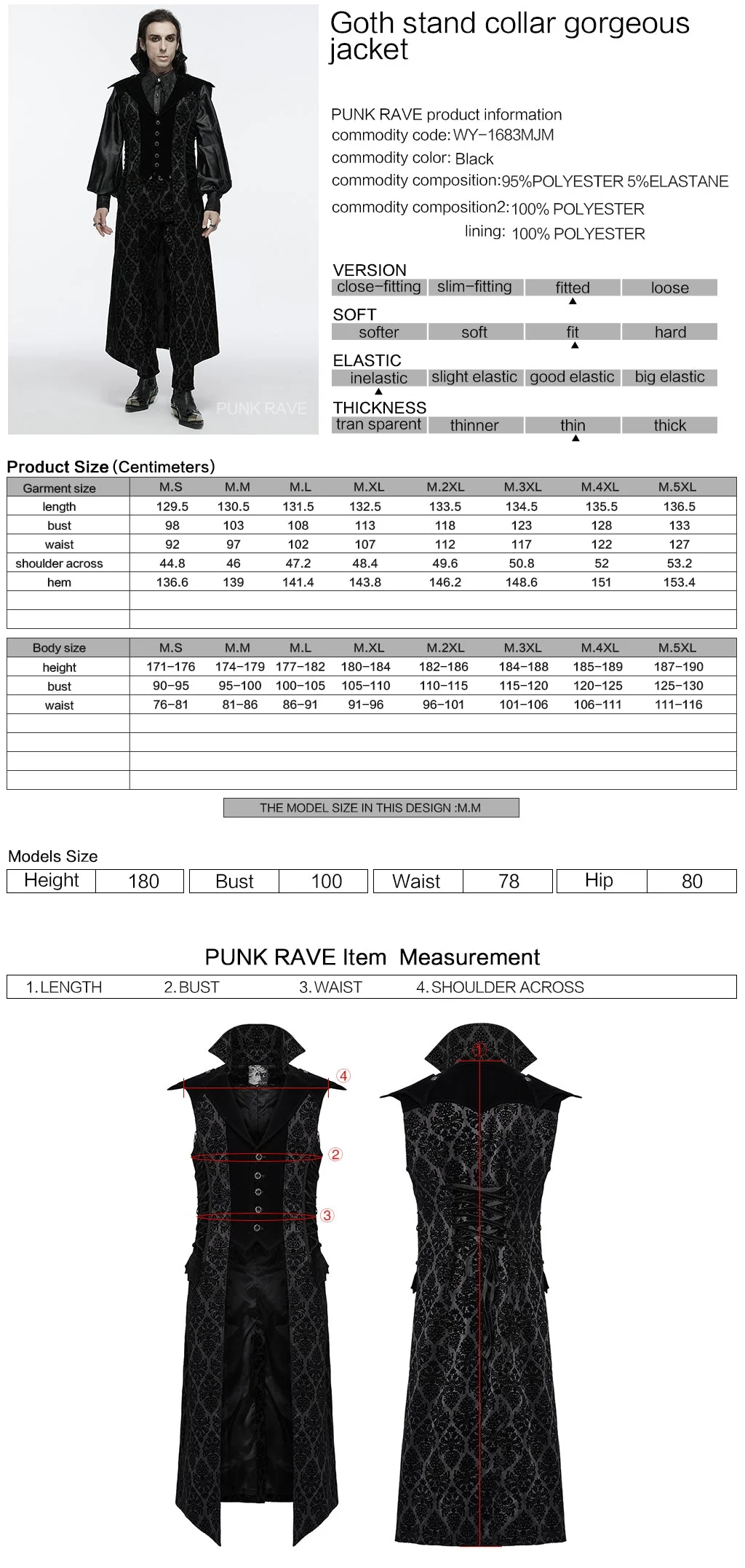 WY-1683MJM Gothic Jacket Long Velvet Brocade Coat Victorian Steampunk Style - Image 2
