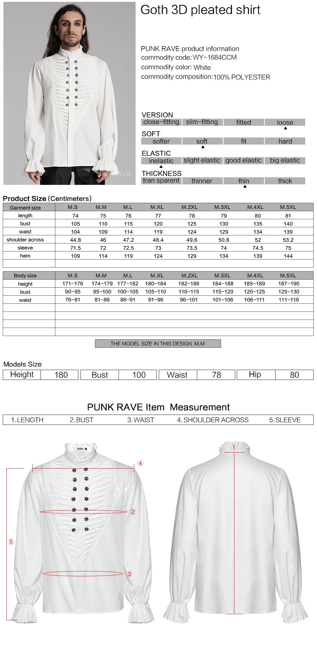 WY-1684CCM Mens Gothic Pleated Ruffle Shirt Victorian Steampunk Style - Image 2