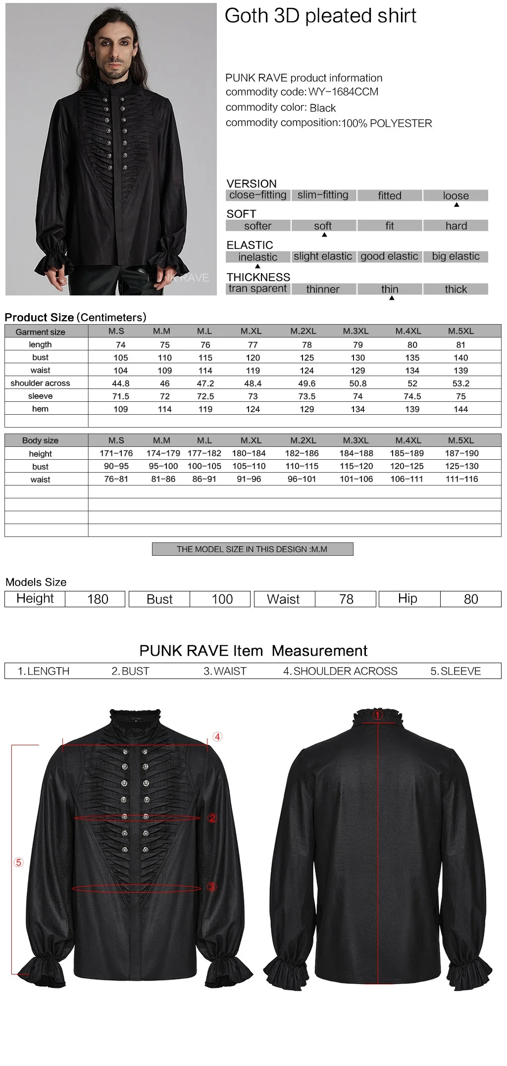 WY-1684CCM Mens Gothic Pleated Ruffle Shirt Victorian Steampunk Style - Image 31
