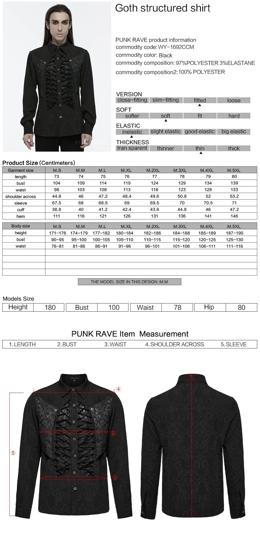 WY-1692CCM Mens Gothic Embroidered Shirt with Lace-Up Front - Image 2