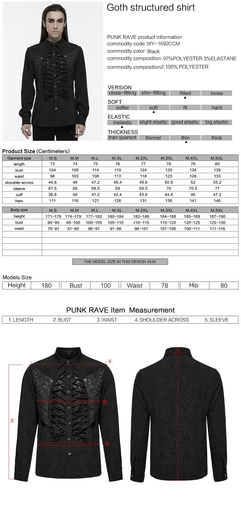 WY-1692CCM Mens Gothic Embroidered Shirt with Lace-Up Front - Image 22