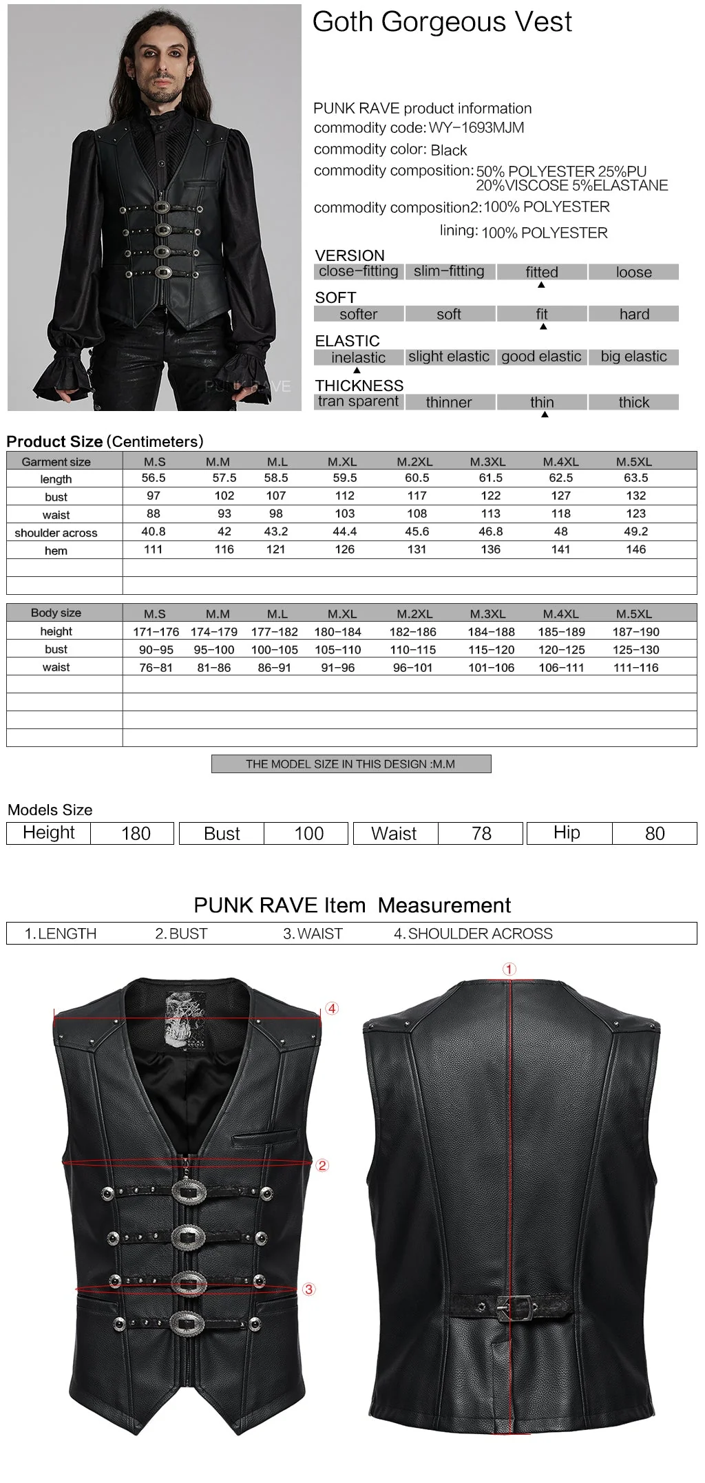 WY-1693MJM Gothic Buckle Strap Leather Texture Vest - Image 2