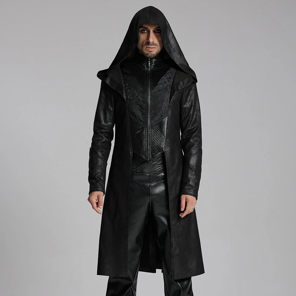 WY-1695XCM Gothic Wizard Hooded Mens Coat Long Black Trench - Image 3