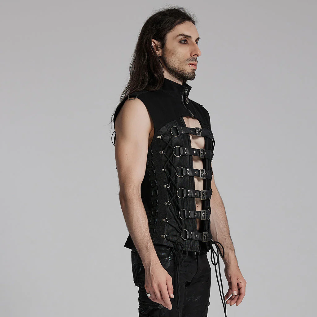 WY-1701MJM Gothic Leather Strapped Mesh Biker Punk Vests Zipper Closure - Image 13