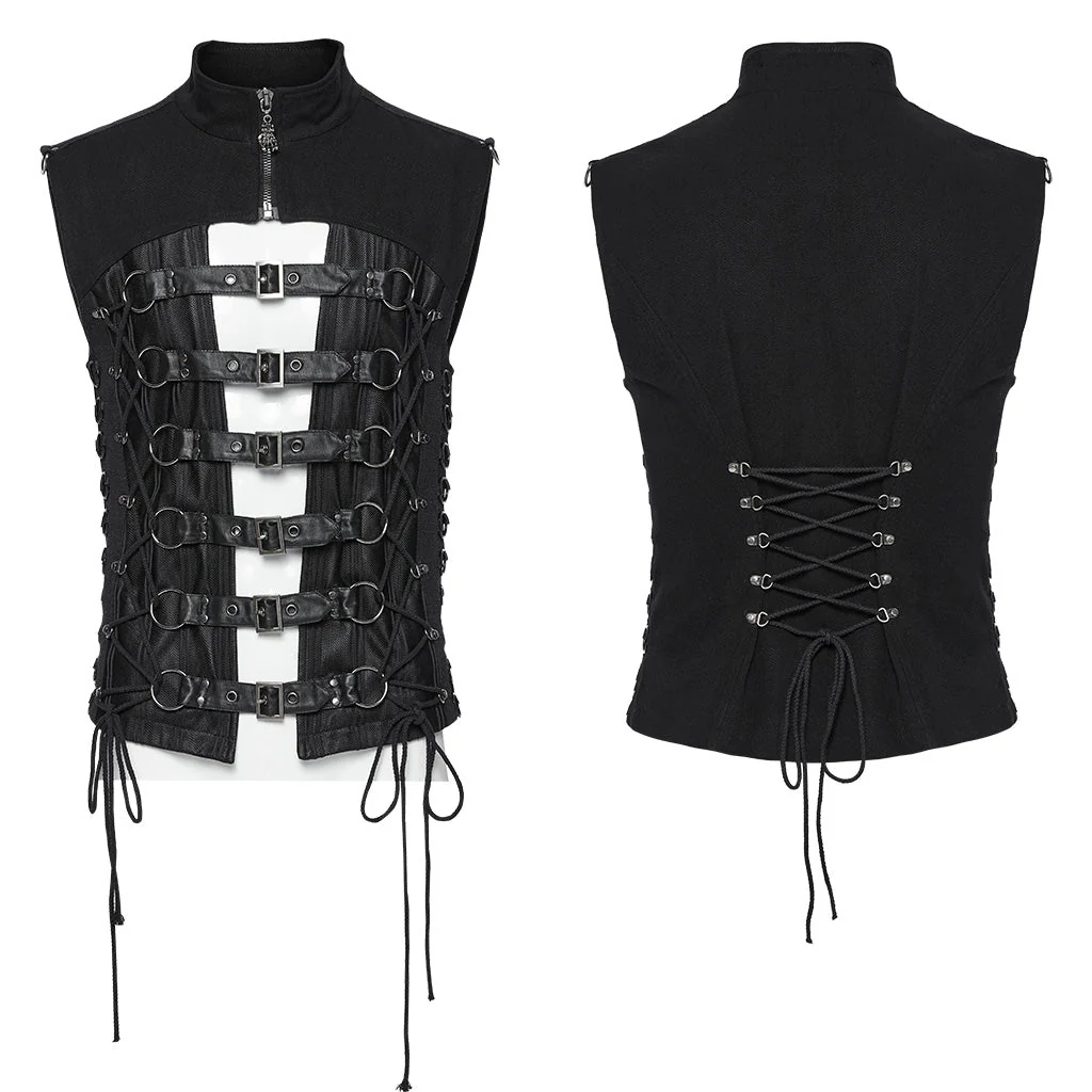WY-1701MJM Gothic Leather Strapped Mesh Biker Punk Vests Zipper Closure - Image 2