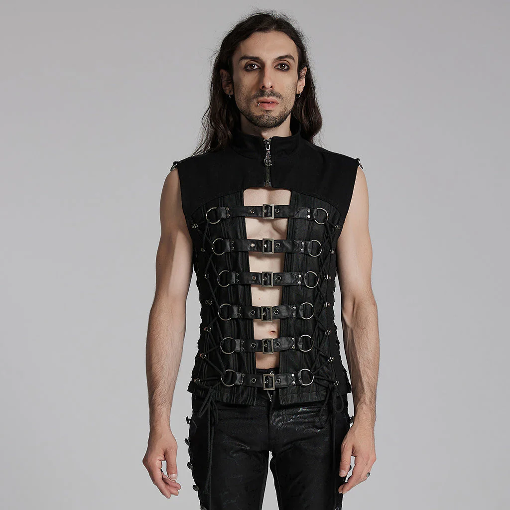 WY-1701MJM Gothic Leather Strapped Mesh Biker Punk Vests Zipper Closure - Image 20