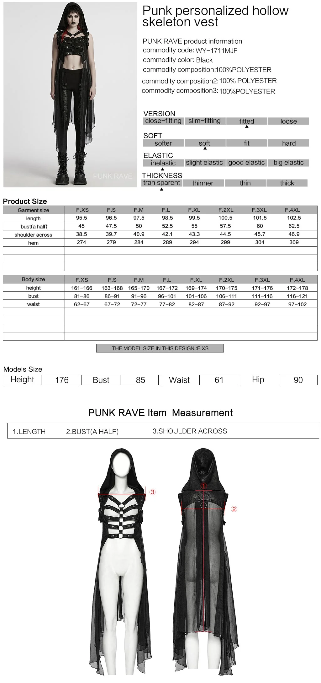 WY-1711MJF Hooded Sheer Black Strappy Long Punk Vest - Image 12