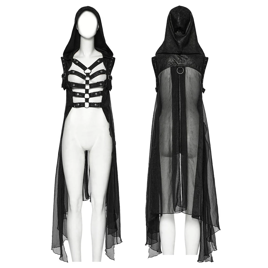 WY-1711MJF Hooded Sheer Black Strappy Long Punk Vest - Image 21