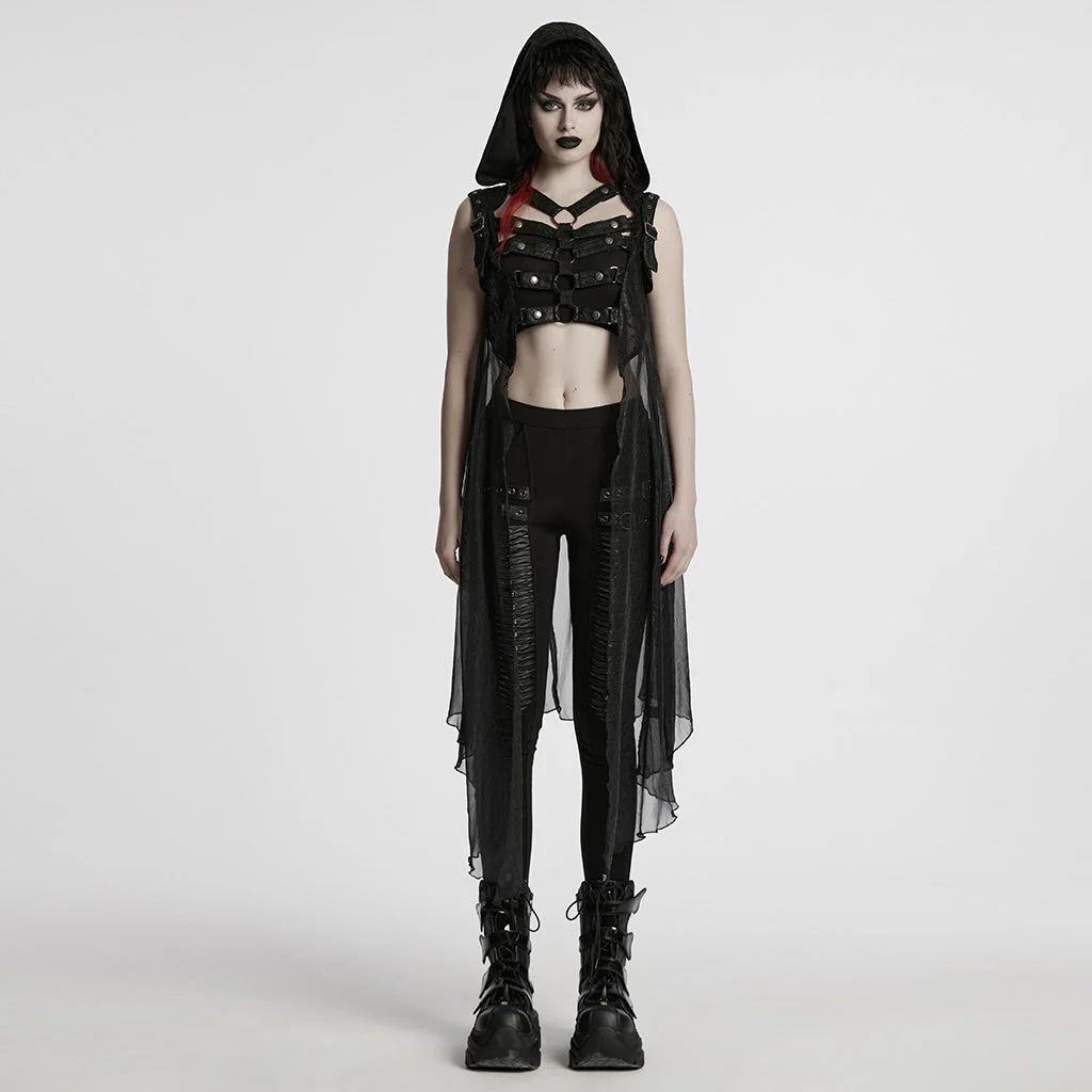 WY-1711MJF Hooded Sheer Black Strappy Long Punk Vest - Image 22