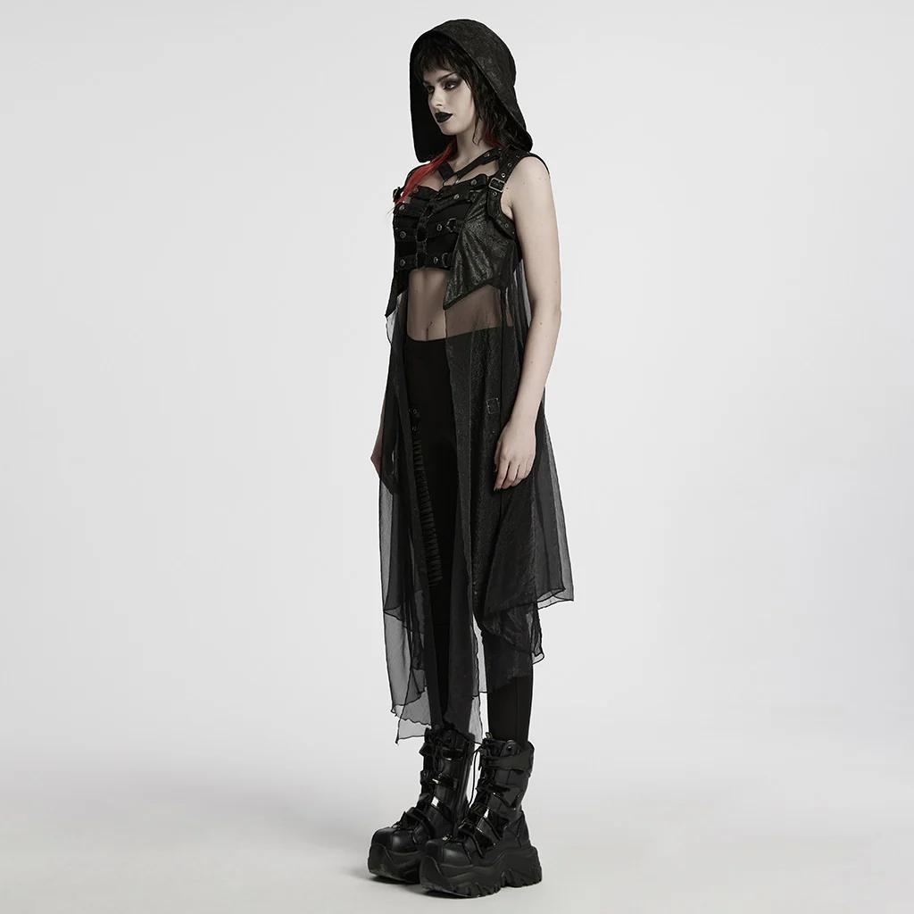 WY-1711MJF Hooded Sheer Black Strappy Long Punk Vest - Image 4