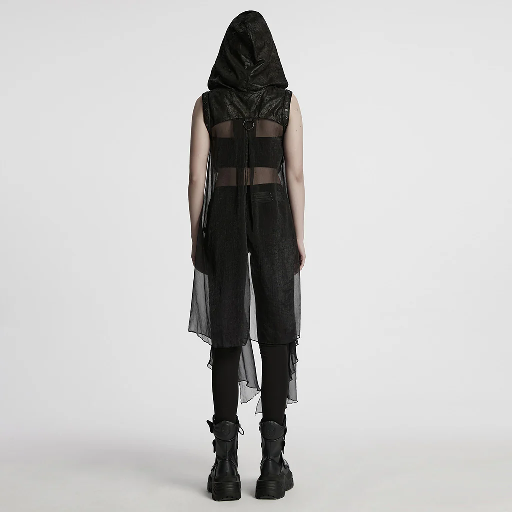 WY-1711MJF Hooded Sheer Black Strappy Long Punk Vest - Image 5